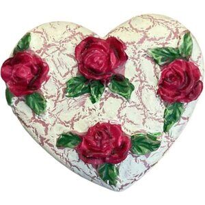 Heart-Shaped Pin With Red Roses Design & Lace-Like Pattern